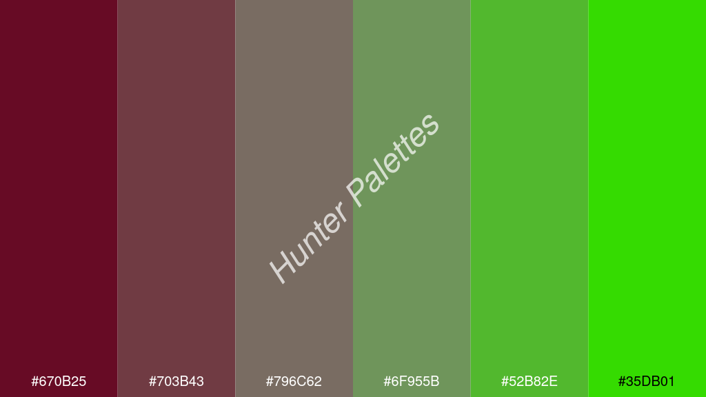 cement szürke szín palettája a következőkkel: #670b25 #703b43 #796c62 #6f955b #52b82e #35db01