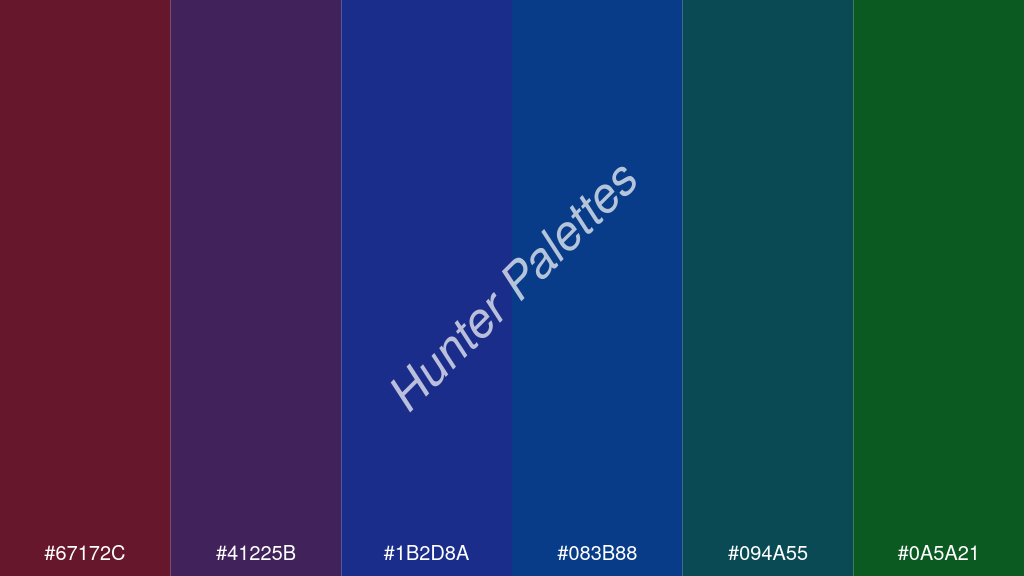 királykék szín palettája a következőkkel: #67172c #41225b #1b2d8a #083b88 #094a55 #0a5a21