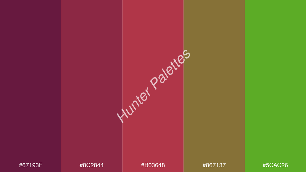 gránát szín palettája a következőkkel: #67193f #8c2844 #b03648 #867137 #5cac26