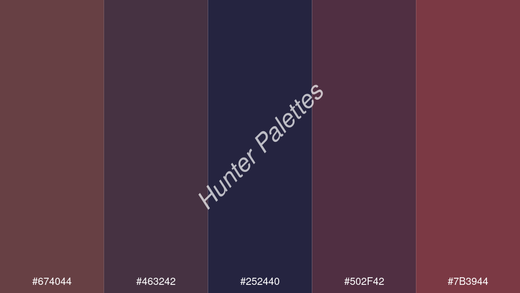 tengerészkék szín palettája a következőkkel: #674044 #463242 #252440 #502f42 #7b3944