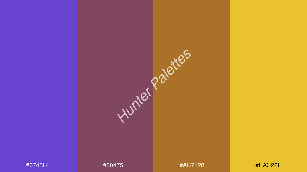 barna szín palettája a következőkkel: #6743cf #80475e #ac7128 #eac22e