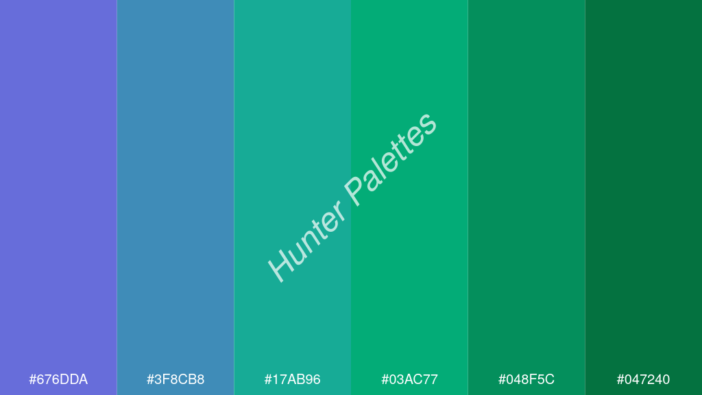 akvamarinzöld szín palettája a következőkkel: #676dda #3f8cb8 #17ab96 #03ac77 #048f5c #047240