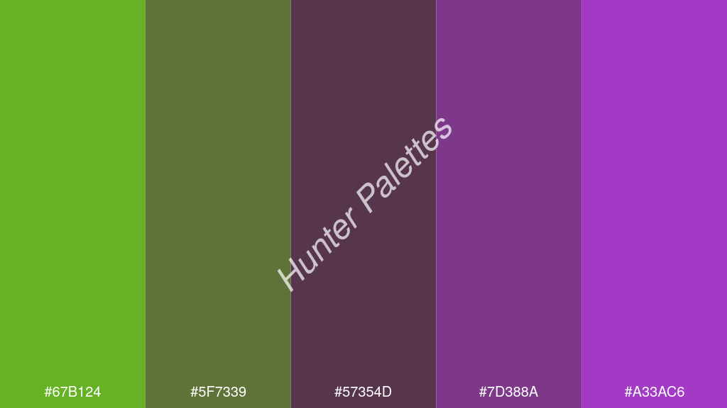 szilva szín palettája a következőkkel: #67b124 #5f7339 #57354d #7d388a #a33ac6