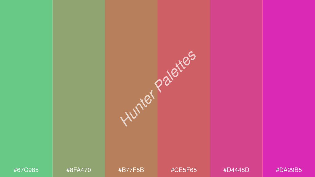 réz szín palettája a következőkkel: #67c985 #8fa470 #b77f5b #ce5f65 #d4448d #da29b5