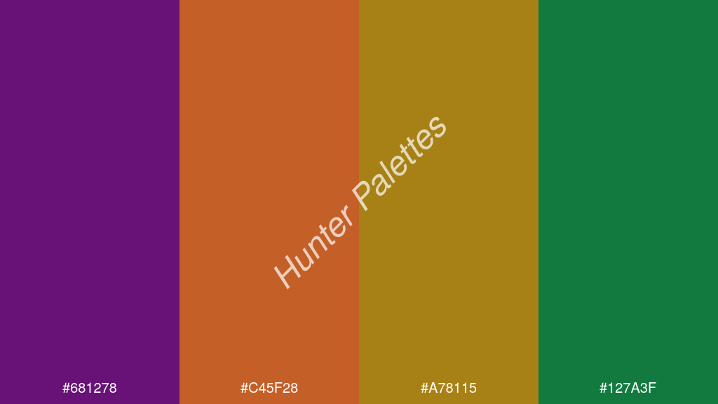 mandarin szín palettája a következőkkel: #681278 #c45f28 #a78115 #127a3f