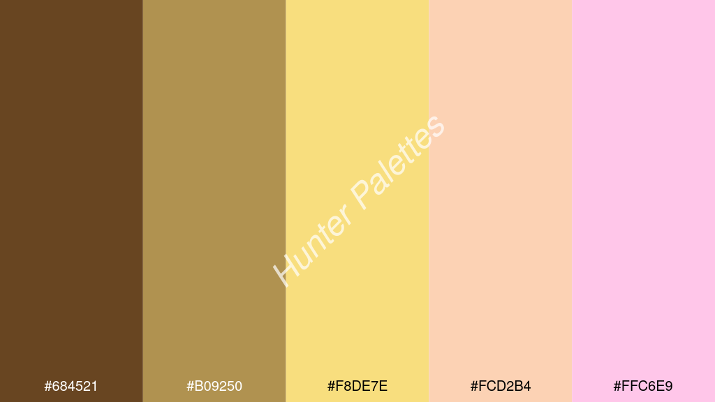 jázmin szín palettája a következőkkel: #684521 #b09250 #f8de7e #fcd2b4 #ffc6e9