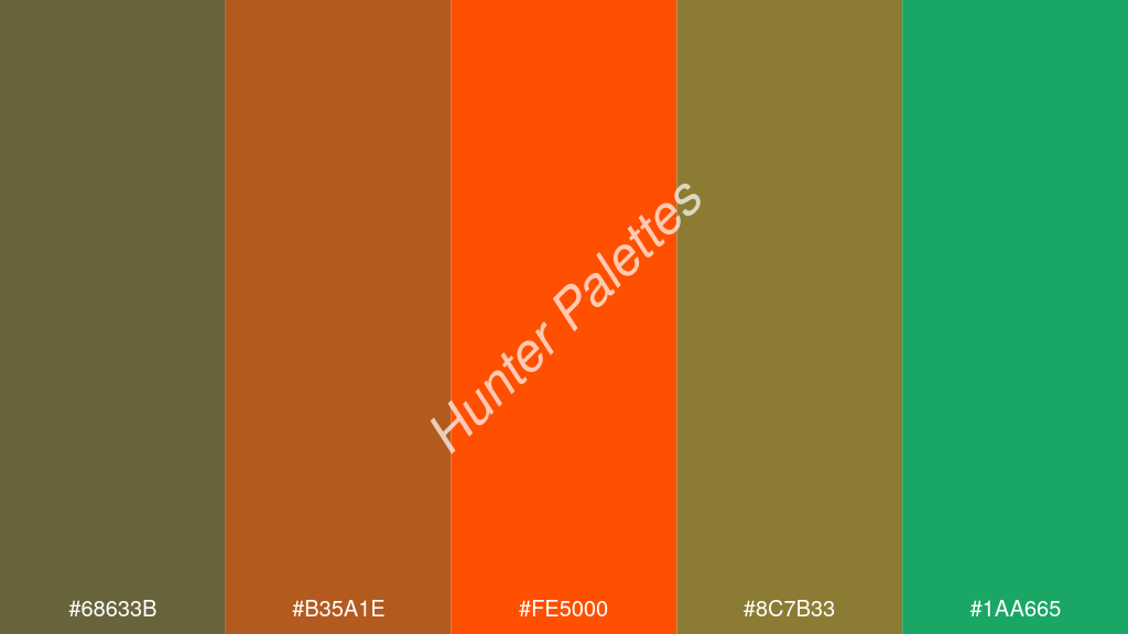 Pantone narancs szín palettája a következőkkel: #68633b #b35a1e #fe5000 #8c7b33 #1aa665