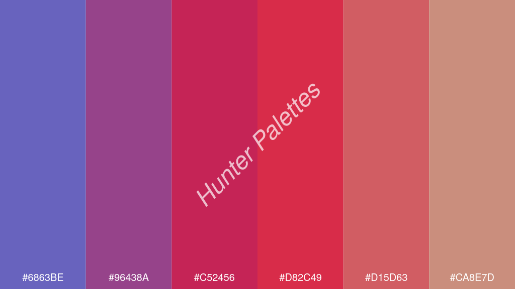 bíbor szín palettája a következőkkel: #6863be #96438a #c52456 #d82c49 #d15d63 #ca8e7d