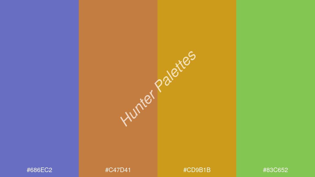 mandarin szín palettája a következőkkel: #686ec2 #c47d41 #cd9b1b #83c652