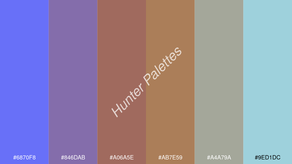 karamell szín palettája a következőkkel: #6870f8 #846dab #a06a5e #ab7e59 #a4a79a #9ed1dc