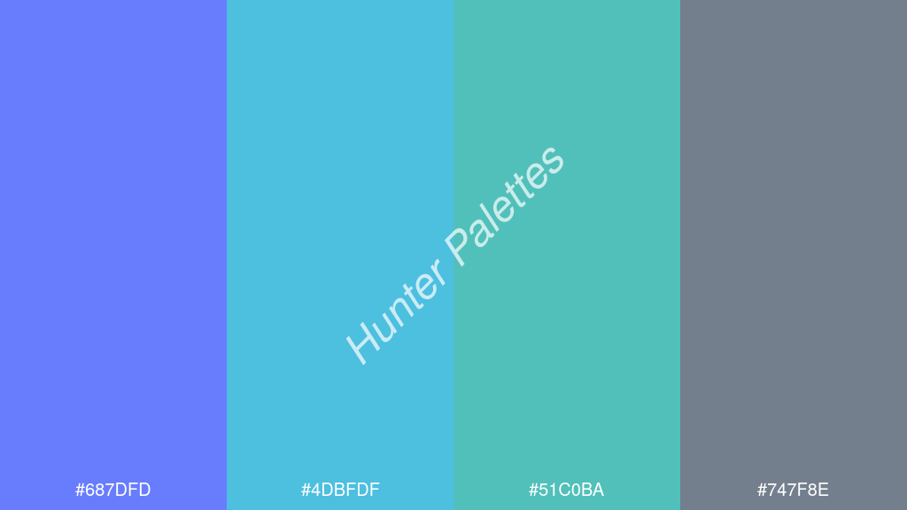 türkiz szín palettája a következőkkel: #687dfd #4dbfdf #51c0ba #747f8e