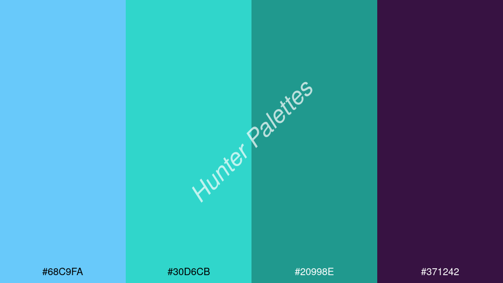 karibi zöld szín palettája a következőkkel: #68c9fa #30d6cb #20998e #371242