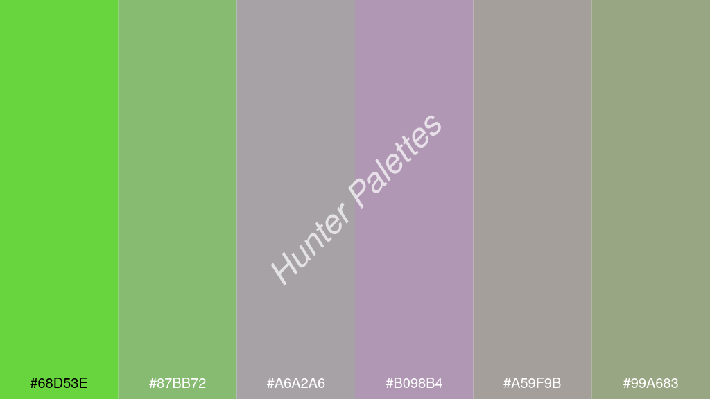 orgona szín palettája a következőkkel: #68d53e #87bb72 #a6a2a6 #b098b4 #a59f9b #99a683
