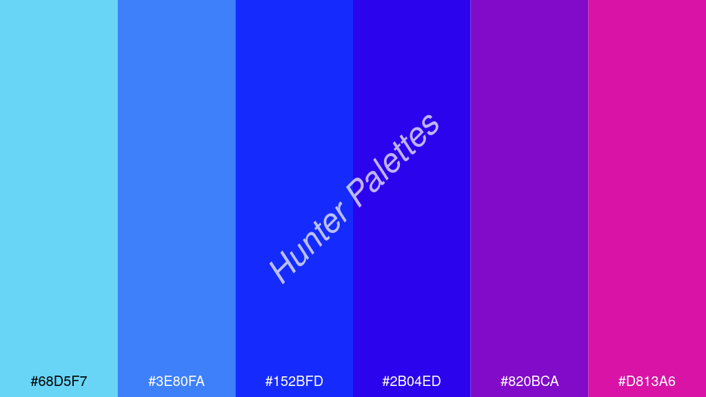 kék szín palettája a következőkkel: #68d5f7 #3e80fa #152bfd #2b04ed #820bca #d813a6