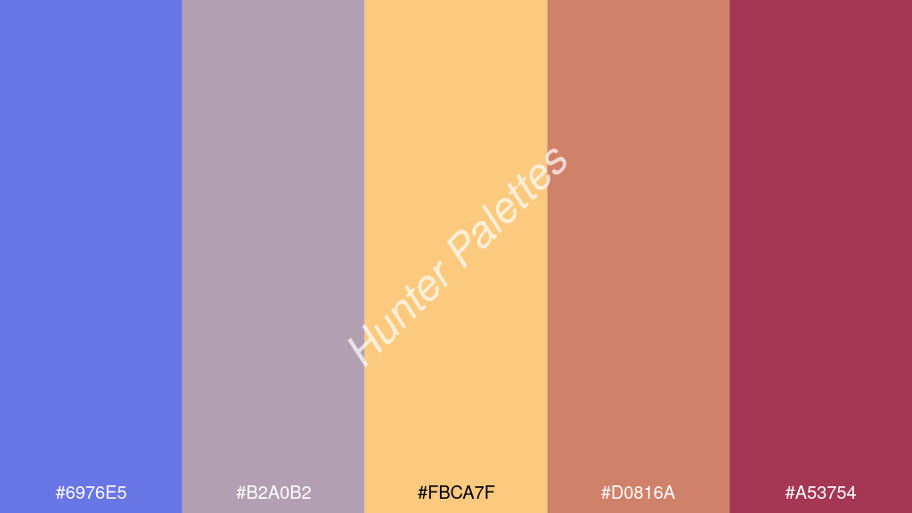 dinnye szín palettája a következőkkel: #6976e5 #b2a0b2 #fbca7f #d0816a #a53754