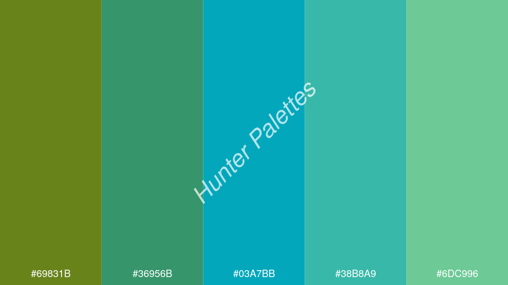 akvamarin kék szín palettája a következőkkel: #69831b #36956b #03a7bb #38b8a9 #6dc996