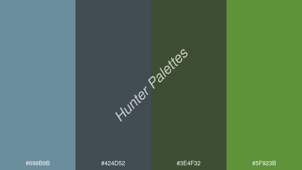 sötét szürke szín palettája a következőkkel: #698b9b #424d52 #3e4f32 #5f923b