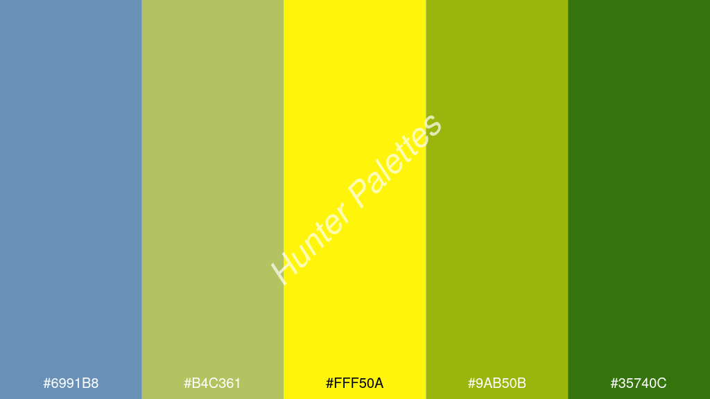 neon sárga szín palettája a következőkkel: #6991b8 #b4c361 #fff50a #9ab50b #35740c