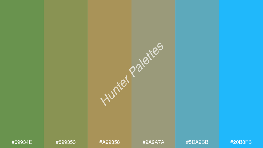 okker szín palettája a következőkkel: #69934e #899353 #a99358 #9a9a7a #5da9bb #20b8fb