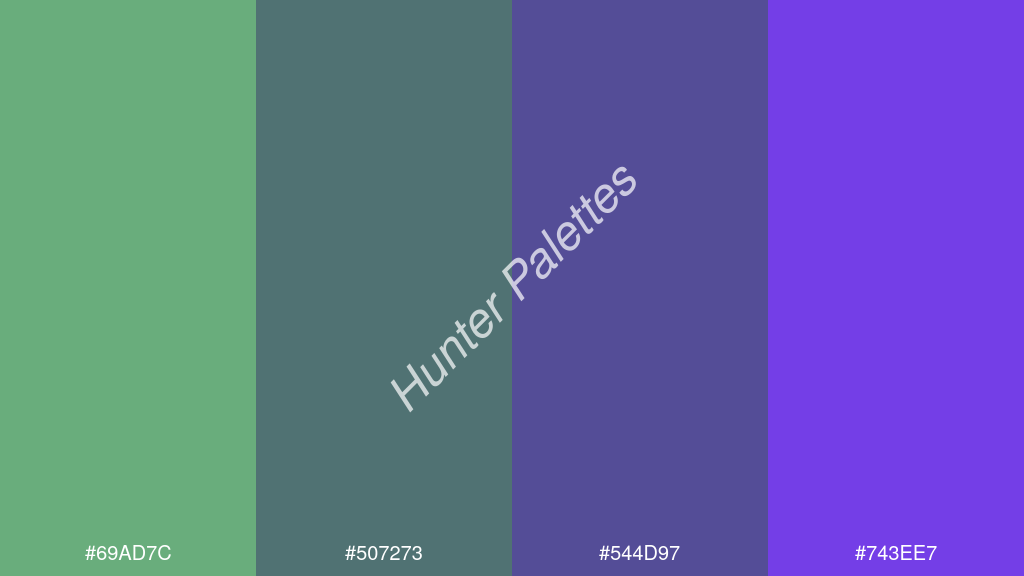 kékes szürke szín palettája a következőkkel: #69ad7c #507273 #544d97 #743ee7