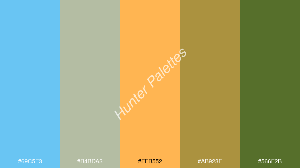 világos narancs szín palettája a következőkkel: #69c5f3 #b4bda3 #ffb552 #ab923f #566f2b