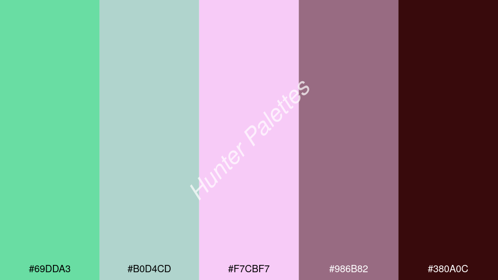 világos rózsaszín szín palettája a következőkkel: #69dda3 #b0d4cd #f7cbf7 #986b82 #380a0c