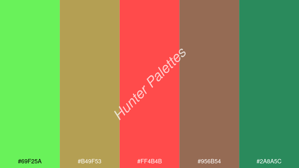 világos piros szín palettája a következőkkel: #69f25a #b49f53 #ff4b4b #956b54 #2a8a5c