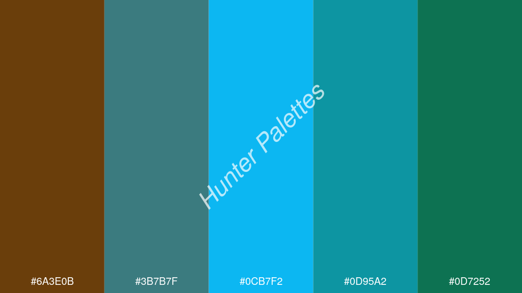 égszínkék szín palettája a következőkkel: #6a3e0b #3b7b7f #0cb7f2 #0d95a2 #0d7252