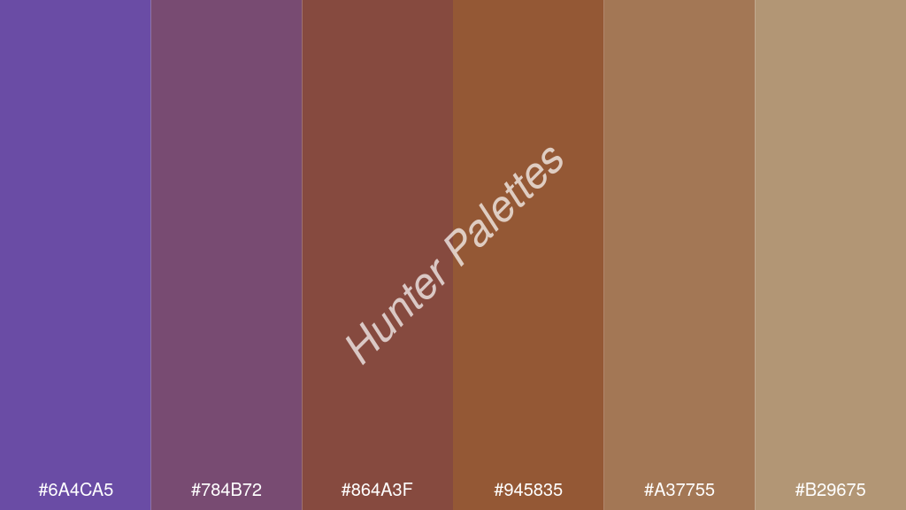 barna szín palettája a következőkkel: #6a4ca5 #784b72 #864a3f #945835 #a37755 #b29675