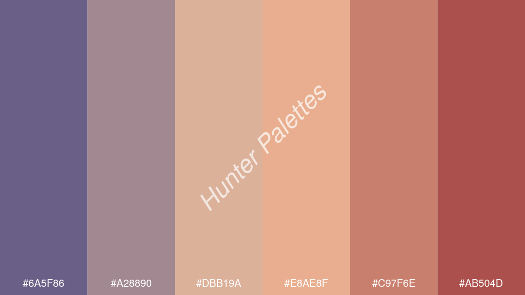 őszibarack szín palettája a következőkkel: #6a5f86 #a28890 #dbb19a #e8ae8f #c97f6e #ab504d