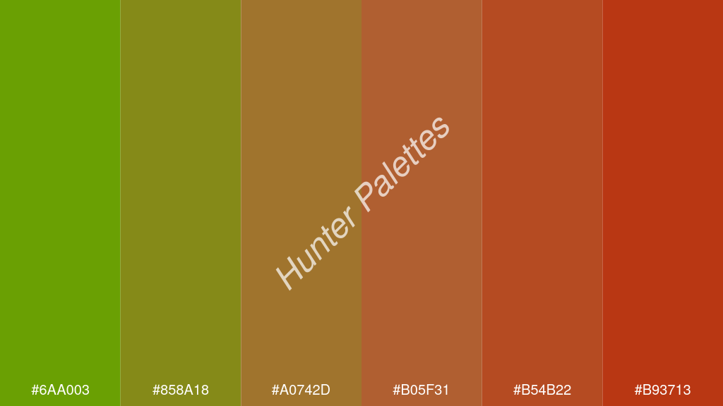 karamell szín palettája a következőkkel: #6aa003 #858a18 #a0742d #b05f31 #b54b22 #b93713