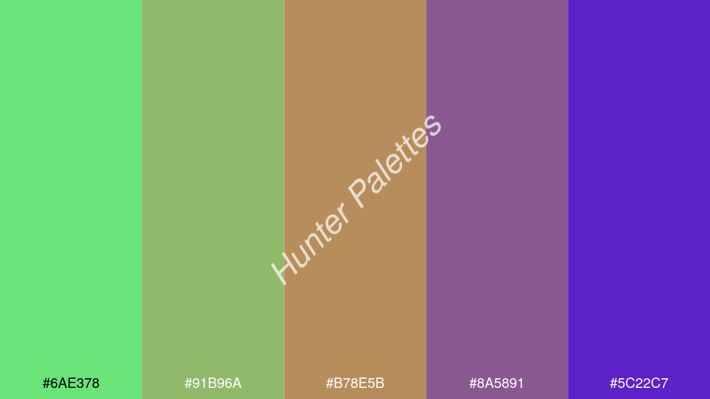 kalua szín palettája a következőkkel: #6ae378 #91b96a #b78e5b #8a5891 #5c22c7