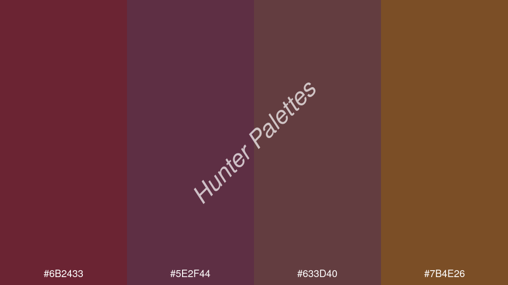 szilva szín palettája a következőkkel: #6b2433 #5e2f44 #633d40 #7b4e26