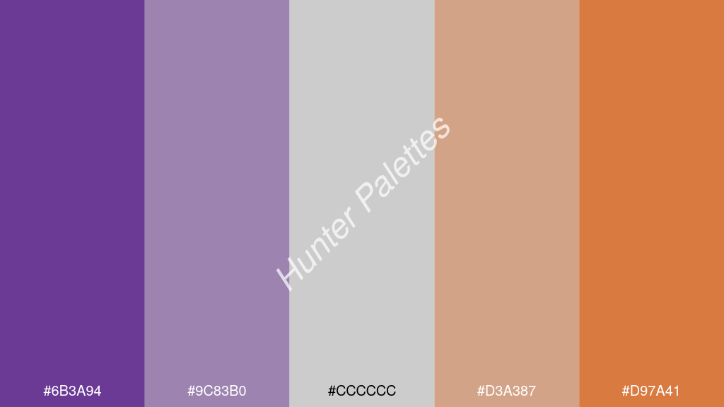cccccc szín palettája a következőkkel: #6b3a94 #9c83b0 #cccccc #d3a387 #d97a41