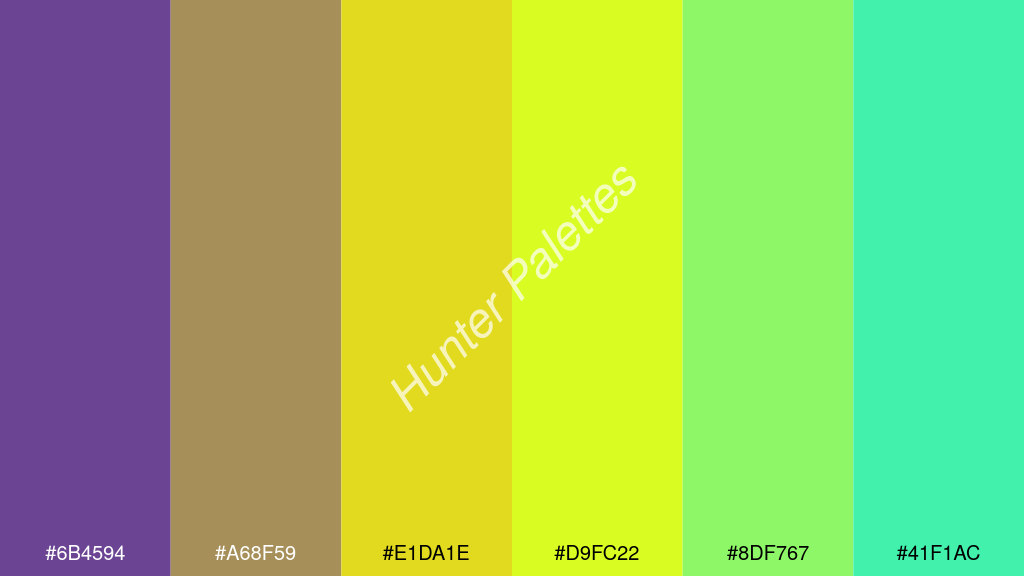 sárga szín palettája a következőkkel: #6b4594 #a68f59 #e1da1e #d9fc22 #8df767 #41f1ac