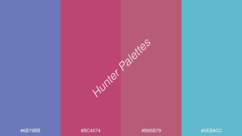 amarant szín palettája a következőkkel: #6b79bb #bc4574 #b85b79 #5ebacc