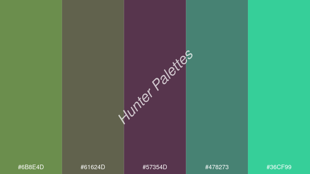 szilva szín palettája a következőkkel: #6b8e4d #61624d #57354d #478273 #36cf99