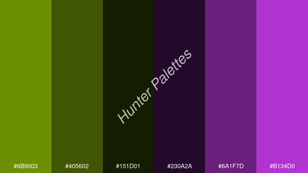 fekete szín palettája a következőkkel: #6b9003 #405602 #151d01 #230a2a #6a1f7d #b134d0