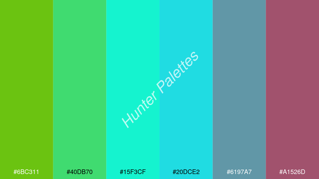 cián szín palettája a következőkkel: #6bc311 #40db70 #15f3cf #20dce2 #6197a7 #a1526d