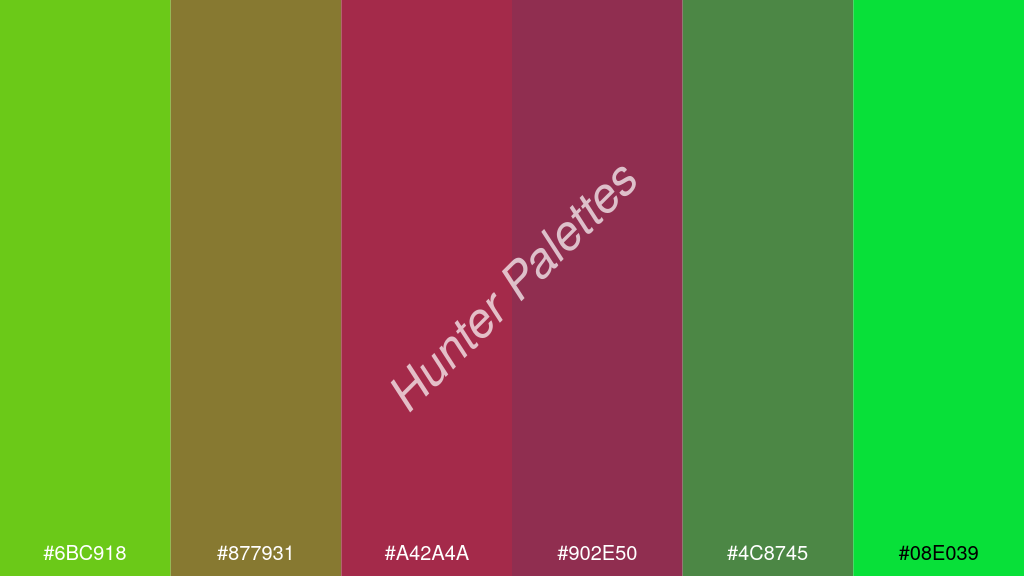 élénk rózsaszín szín palettája a következőkkel: #6bc918 #877931 #a42a4a #902e50 #4c8745 #08e039