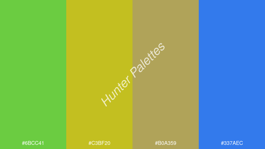 arany szín palettája a következőkkel: #6bcc41 #c3bf20 #b0a359 #337aec