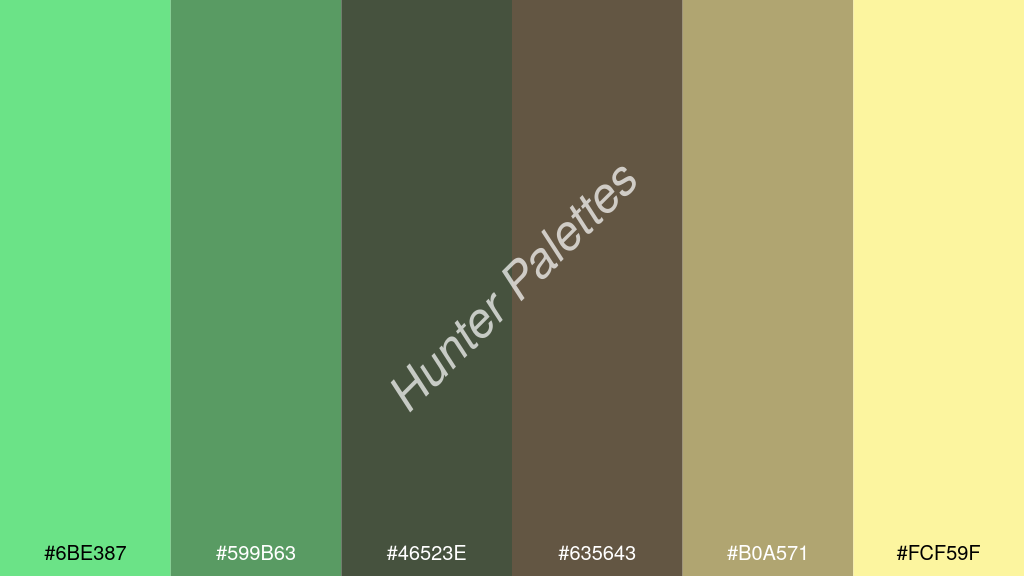 wenge szín palettája a következőkkel: #6be387 #599b63 #46523e #635643 #b0a571 #fcf59f