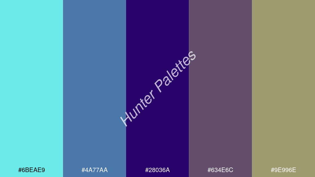 Francia kék szín palettája a következőkkel: #6beae9 #4a77aa #28036a #634e6c #9e996e