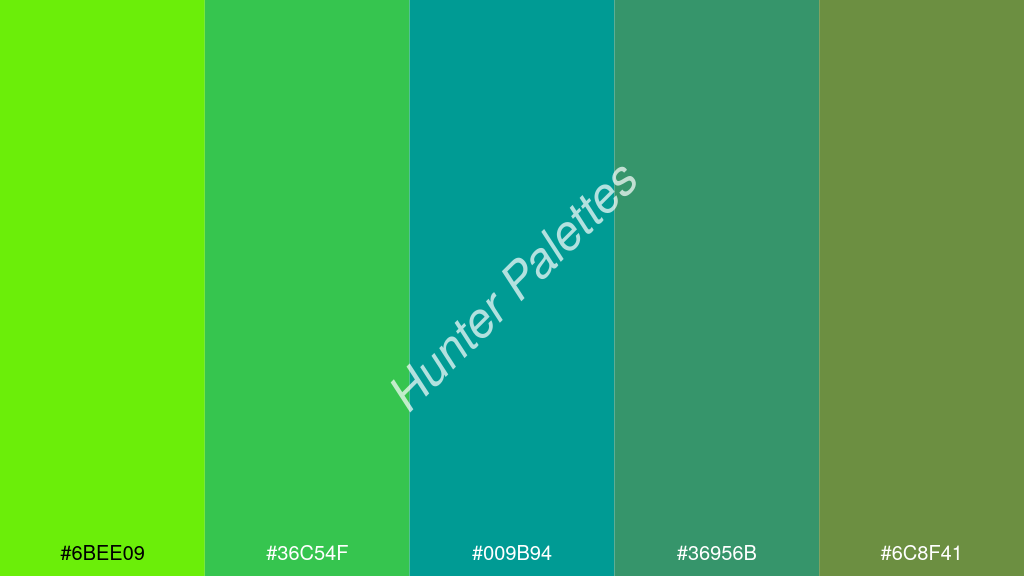 kékzöld szín palettája a következőkkel: #6bee09 #36c54f #009b94 #36956b #6c8f41