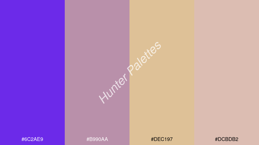 khaki szín palettája a következőkkel: #6c2ae9 #b990aa #dec197 #dcbdb2