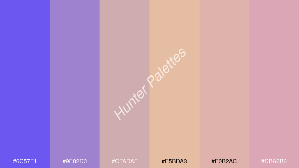 bézs szín palettája a következőkkel: #6c57f1 #9e82d0 #cfadaf #e5bda3 #e0b2ac #dba6b6