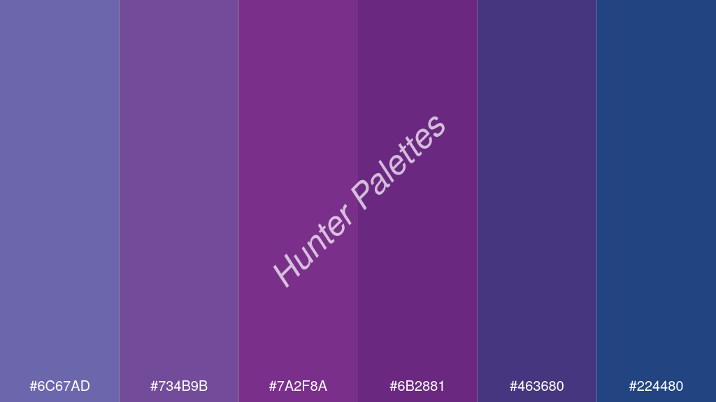 lila szín palettája a következőkkel: #6c67ad #734b9b #7a2f8a #6b2881 #463680 #224480