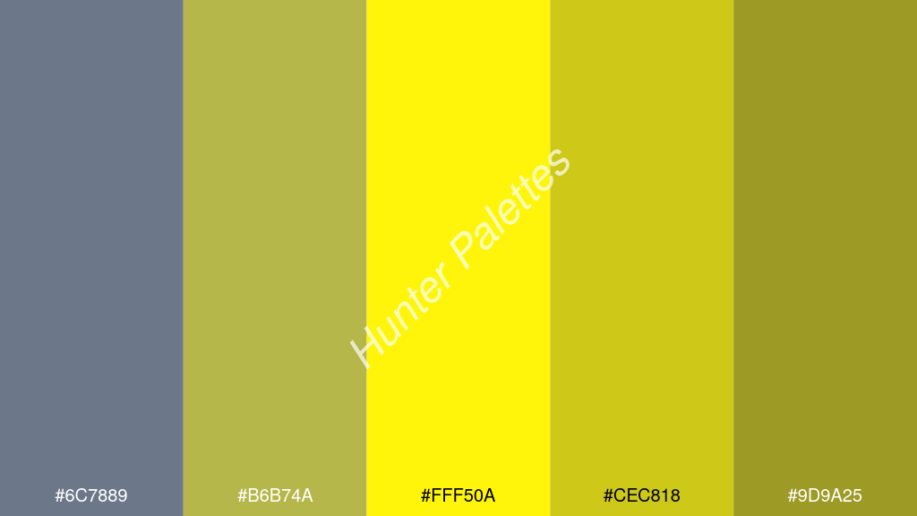 neon sárga szín palettája a következőkkel: #6c7889 #b6b74a #fff50a #cec818 #9d9a25