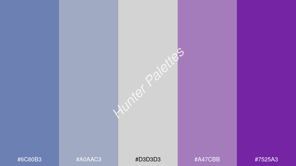 világos szürke szín palettája a következőkkel: #6c80b3 #a0aac3 #d3d3d3 #a47cbb #7525a3