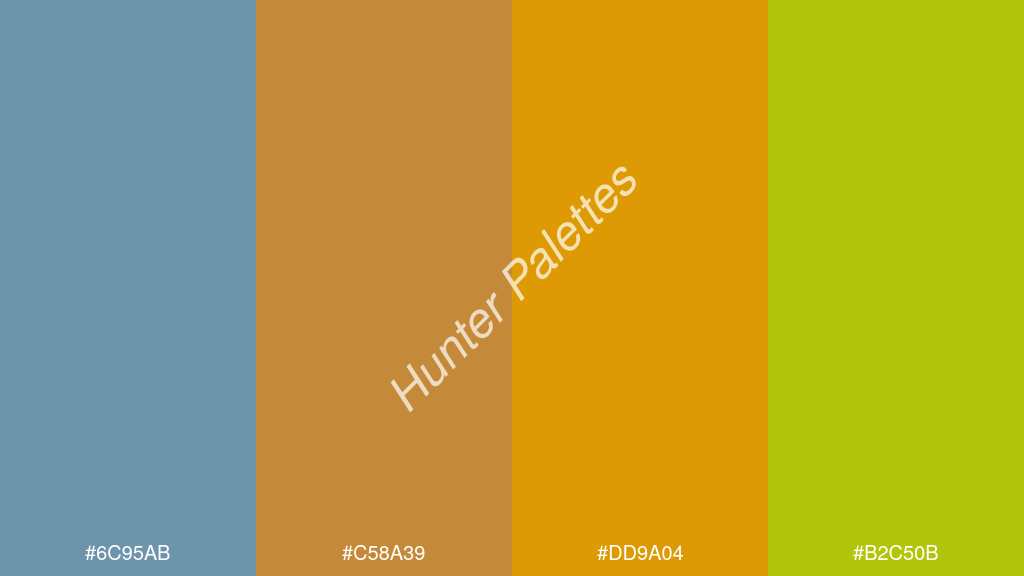mandarin szín palettája a következőkkel: #6c95ab #c58a39 #dd9a04 #b2c50b
